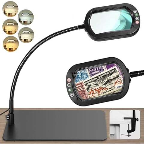 10X Rectangle Magnifying Glass with Light and Stand, 5 Color Modes Stepless Dimmable Flexible Gooseneck LED Desk Lamp with Clamp, Hands Free Lighted Magnifier for Reading, Crafts, Repair, Painting Cover