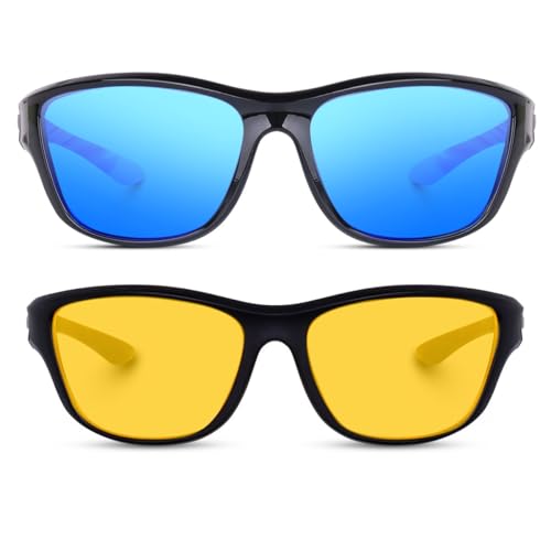 Image of Sports Sunglasses COMBO, UV Protected Wraparound Design, 2 Pack with Night Driving Yellow Lens and Black Sport Lens