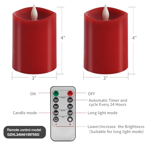 Image of 3″x4″ Flickering Flameless Candles Set of 2, 2AA Battery Life 600 Hours Battery Candles Flickering with Timer,4 inch Flameless Candles with Remote for Indoor /Outdoor, Red