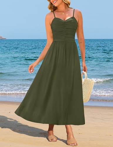 Image of Annebouti Women 2026 Summer Spring Ruched Maxi Dress Adjustable Spaghetti Strap Floral Beach Long Sundress with Pockets