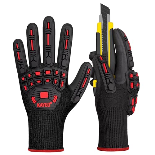 KAYGO gants de travail anti choc avec protection TPR, résistant aux coupures classe C, revêtement nitrile, bonne adhérence, idéal pour constructeur, charpentier, bricolage (Noir Rouge, S, taille 7)