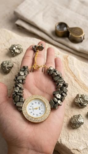 Image of ARKN Crystal Bracelet Watch for Women | Natural Gemstone Beaded Wrist Watch | Gold-Tone Dial with Rhinestone Bezel | Adjustable Fashion Jewellery Gift for Women & Girls