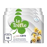 Le Trèfle Ultra Care Papier Toilette 4 Épaisseurs – 18 Rouleaux, 115 Feuilles par Rouleau, Enrichi en Lotion aux Extraits d’Hamamélis, Testé Dermatologiquement pour Peaux Sensibles, Blanc