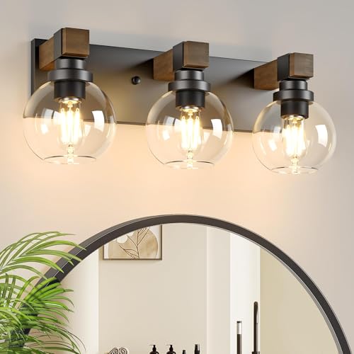 Image of LmnLvn Farmhouse 3-Light Bathroom Vanity Light, Wood & Metal Glass Shade