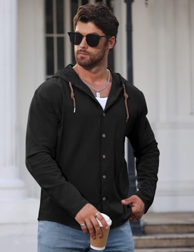 Mens Cotton Linen Button Down Hoodies Long Sleeve Casual Beach Tops Lightweight Fashion Shirt4