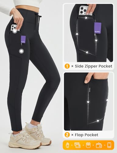 baleaf Women's Fleece Lined Leggings Hiking Ripstop Water Resistant Pants with Zipper Pockets Thermal Warm Winter Tights4