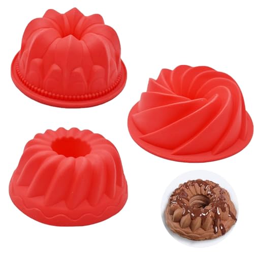 FIBOUND 3 Stück Silikon Gugelhupfform, Spiral Napfkuchen, Mini Beschichtet, Antihaft, Wiederverwendbare Kuchenform Set, Backform für Gugelhupf aus Silikon