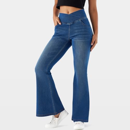 Women’s Stretchy Flare Jeggings - High Rise Crossover Waist, Pull On No Zipper Jeans with Pockets2