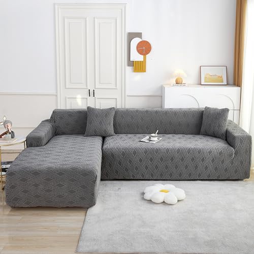 Housse canapé d'angle extensible Jacquard gris foncé 2 places salon - 3