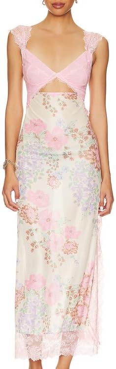 Womens Printed Backless Bodycon Maxi Dress Sleeveless Lace Patchwork Dress Y2K Spaghetti Strap Long Dress