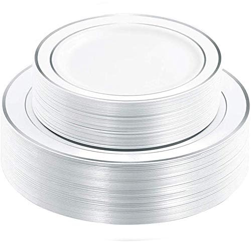 WDF 60PCS Silver Plastic Plates Disposable - Silver Plates Include 30 PCS 10.25inch Dinner Plates and 30PCS 7.5inch Salad Plates for Wedding & Party
