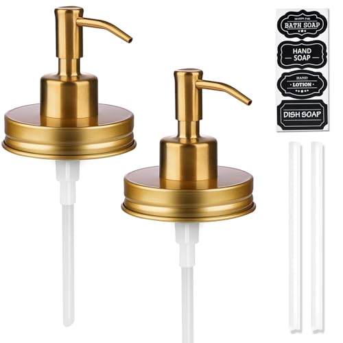 Image of Amolliar Mason Jar Liquid Soap Dispenser Pump, Rustproof Stainless Steel Lid, Refillable Soap Pump for Kitchen, Bathroom, Hand, Dish, Lotion Soap Pump Replacement, Cute Farmhouse Decor, Golden 2 Pack