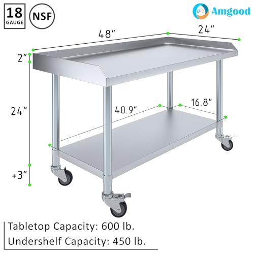 Image of AmGood Stainless Steel Equipment Stand with Undershelf + Casters, Heavy Duty, Commercial Grade, NSF Certified (24 inch Width x 48 inch Length + Casters)