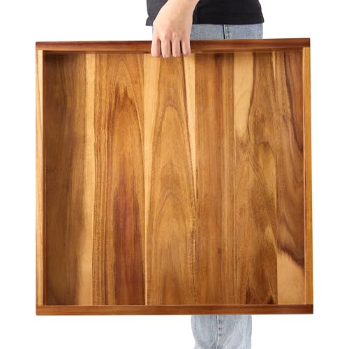 LotusSway Acacia Wood Serving Trayâ€“22\" Premium Square Large Ottoman Tray for Living Room with Handles, Decorative Coffee Table Tray for Serving Food Breakfast in Bed, Dinner,Ideal for Various Ottomans