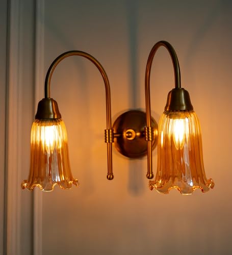 Image of Divine Trends Double Hockey Wall Lamp Antique Brass Finish with Fluted Flower Golden Glass for Living Room, Bedroom, Home Decoration Wall Light - Pack of 1