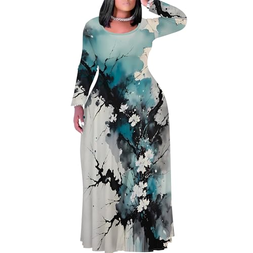 Image of PinkPatty Plus Size Maxi Dress for Curvy Women Crew Neck Long Sleeves Casual Dress Vacation Sundresses with Pockets