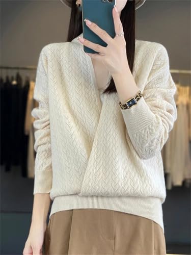 Womens 100% Merino Wool Wrap V Neck Sweater Long Sleeve Jumper Soft Loose Casual Pullover Tops3