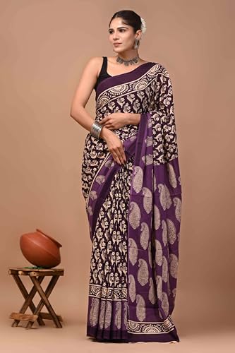 Image of Crafts Moda Hand Block Ajrakh Print Cotton Saree for women with Blouse | Soft comfortable wear sari