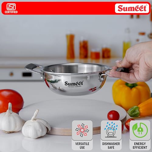 Image of Sumeet Cook Smart ISI Certified Tri-Ply (Steel - Aluminium - Steel) Mini Kadai with Silicon Grip | Induction and Gas Friendly | 2.5mm Thick | 370ml -12Cm, Silver