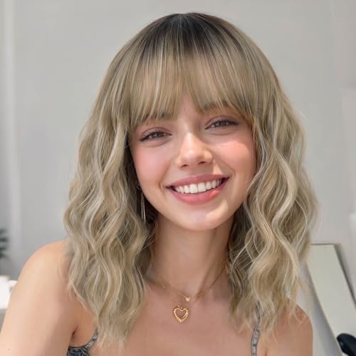 Image of AISI HAIR Curly Bob Wig with Bangs Short Wavy Soft Beige Ash Blonde Wigs for Women Bob Style Synthetic Heat Resistant Bob Wigs