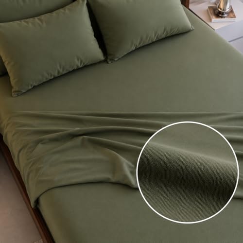 Image of 400TC Cotton Feel Glace Cotton Double Bed Elastic Fitted Bedsheet King Size Set || Includes 1 Solid Plain Fitted Bedsheet King Size with 2 Pillow Covers (78 x 72 Inches, Mist Green)