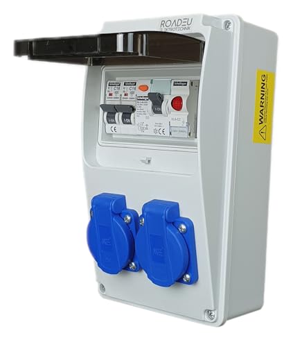 Stromverteiler 230V - Schuko Steckdosen, Signalleuchte LED Rot -Baustromverteiler - Fi Schutzschalter 40A, 2x Leistungsschalter C16A