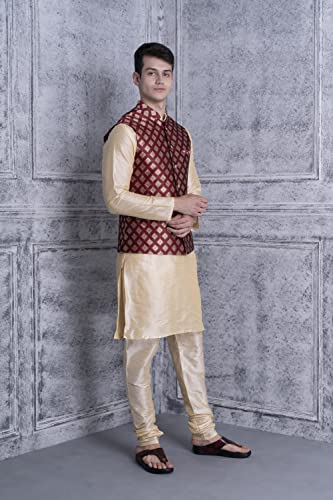 Image of Ethluxis Men's Silk Blend Navy Kurta Pyjama Set with Bundi Nehru Jacket Waistcoat