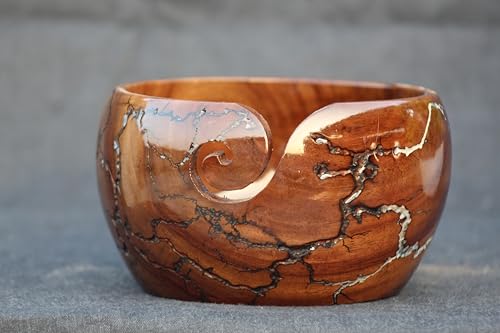 Image of Handmade Wooden Yarn Bowl for Knitting Yarn Ball Holder - Lichtenberg Figure Yarn Bowl - Yarn Bowls with Holes Crochet Bowl Holder - Resin Yarn Storage Bowl 7 inch x 4 inch inches (Brown & White)
