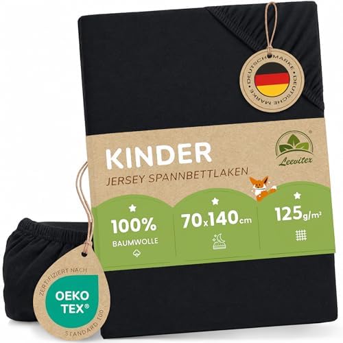 leevitex Kinder Spannbettlaken, 70x140cm, Für Babybett & Kinderbett, 1er Set, 100% hochwertige Mako-Jersey-Baumwolle, Schwarz