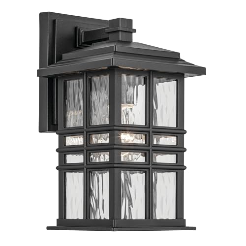 Kichler Beacon Square 12" 1-Light Outdoor Wall Light with Clear Hammered Glass in Textured Black, for Exterior Doors, Garage, Porch, or Patio (12" x 6.5"), 49829BKT
