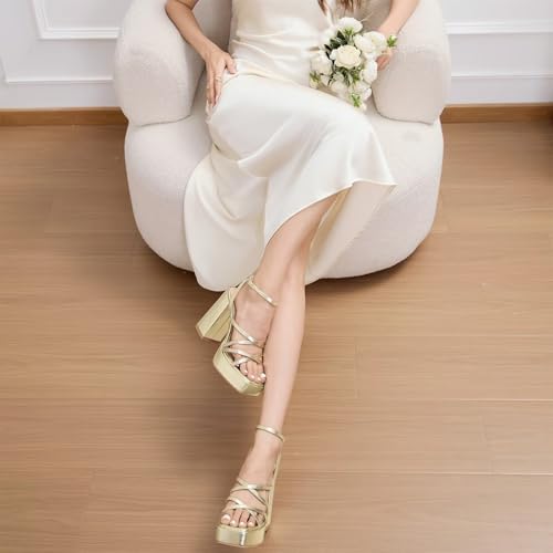 Image of ISNOM Platform Chunky Heels for Women, Block Heel Sandals with Open Square Toe and Ankle Strap