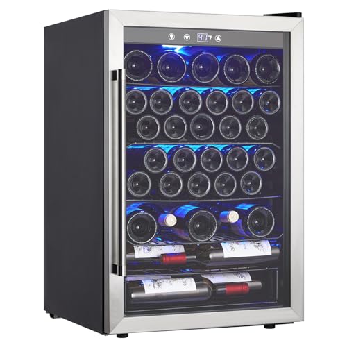 Garvee Wine Fridge 36 Bottle, Wine Cooler Refrigerator with 40~61°F Digital Temperature Control, Wine Refrigerator Freestanding for Red White Wine, Champagne, Beer with Blue Interior Light