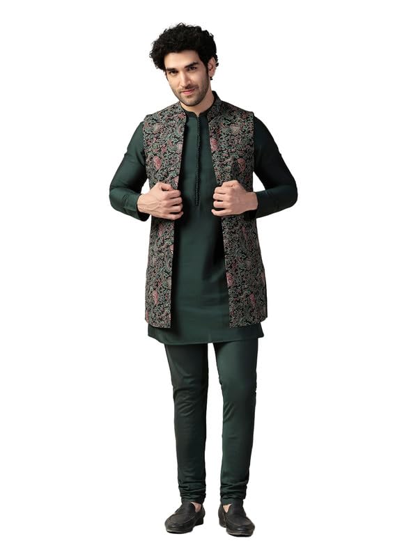 Kisah Men's Kurta Jacket Churidar Set, Multi Cotton Blend, Printed Regular Fit Mandarin Collar Long Sleeves (40)