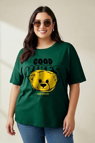 Image of JUNEBERRY 100% Pure Cotton Oversized Baggy Fit Cool Front Chest Graphic Printed Half Sleeve Plus Size T-Shirt for Women & Girls (Sizes: 2XL to 5XL)