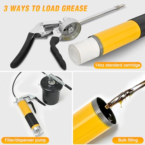 GOOACC Grease Gun Heavy Duty Pistol Grip Grease Gun Kit with Quick Release Coupler 18" Spring Flex Hose Normal Coupler, 8000PSI 14oz Grease Guns Tool for Automotive Farm Industrial Marine, Yellow 4PCS by GOOACC - Used condition - Image 7
