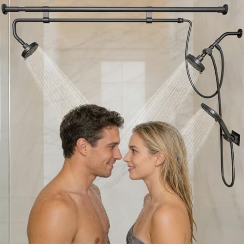 JPSTMVR Tandem Shower Dual Shower Heads For Couples & Handheld Head High Pressure and Adjustable Double Shower Heads and 3-Setting Diverter Shower System Gifts For Women Men (Black)