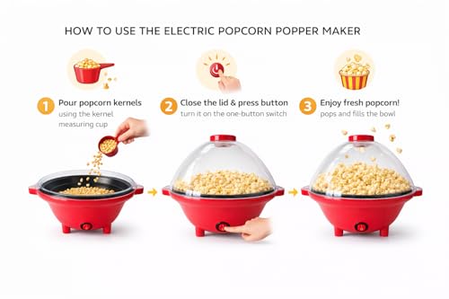 Image of VINSU Hot Air Popcorn Maker Machine 500W Electric Popcorn Popper 5L Large Capacity Oil Free Popcorn Machine with Transparent Dome Lid Cyclonic Air Flow Technology One Button Operation for Home Kitchen