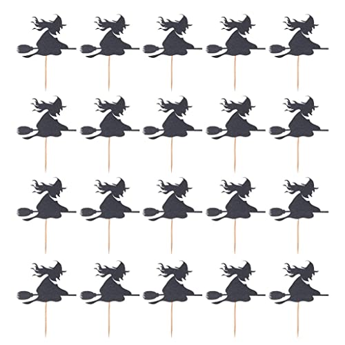 HEAVENGLOW 20pcs Glitter Witch Broom Cupcake Picks Toppers Party Decor Black