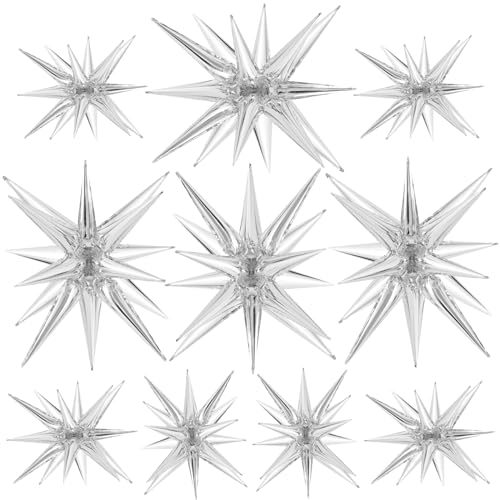 TOTAFAM 10 Pcs Star Balloons Explosion Balloons Foil Cone Balloon Magic for Birthday Wedding Anniversary Party Backdrops Decorations Supplies 6 Pcs 22 Inches and 4 Pcs 27 Inches Silver