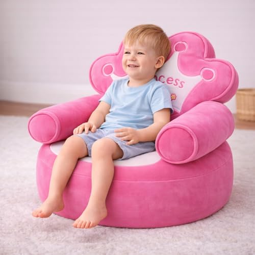 Little Queen Chair for Kids – Plush Princess Sofa Chair with Fiber & Sponge Filling, Foldable Kids Armchair for Playroom, Bedroom & Nursery (Pink)