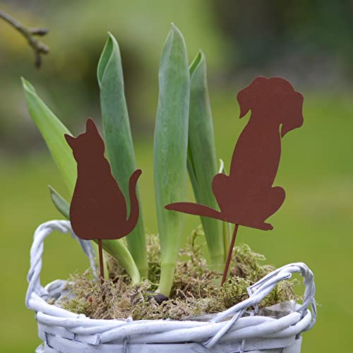 UNUS Garden Hund und Katze Gartenstecker 2er Set, Gartendeko Rostoptik, Roststecker aus Edelrost Metall, Rost Deko für Garten Terrasse Balkon Blumentopf