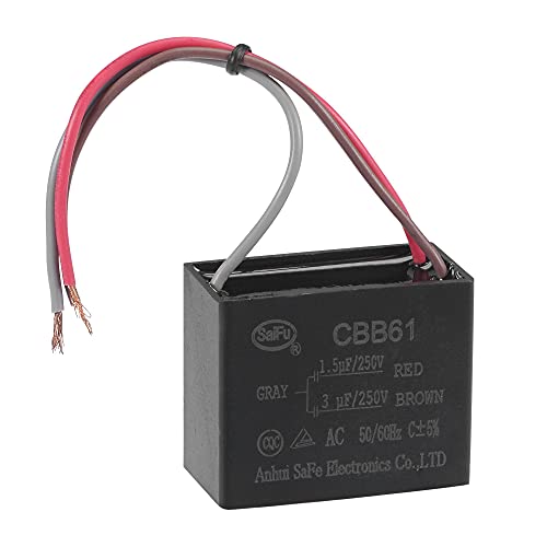 sourcing map Condensador de Ventilador de Techo CBB61 1,5/3uF 250V AC 3 Hilos, Condensador de Película Polipropileno Metalizado 38x31x22mm para Generador Motor Bomba Ventilador Eléctrico