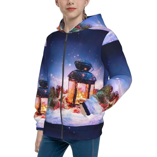 Lantern On Snow With Christmas Kids Pullover Hoodies Boys Zip Up Sweatshirts Girls Athletic Clothes with Pocket