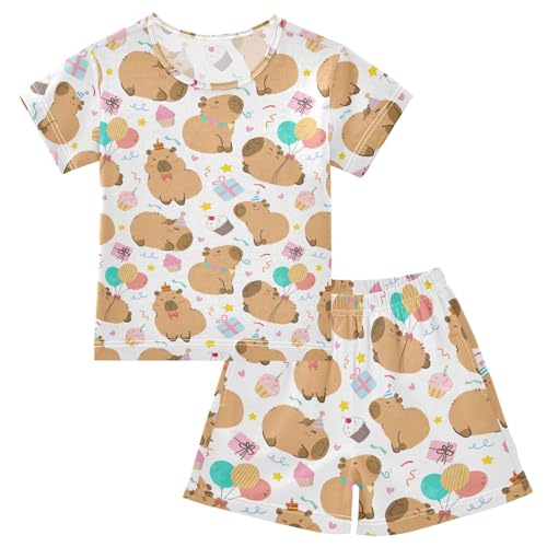 Cute Birthday Party Capybara White Summer Cute Pajama Sets, Short Sets for Daily Wears and Sleep Wears
