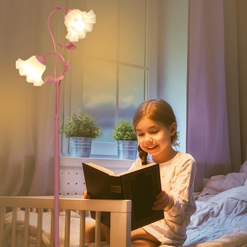 Image of HMVPL Pink Flower Floor Lamp, Floral Standing Lamp with 2 LED 5W Blubs, Foot Switch, Modern Corner Tall Lamp with Acrylic Shade, Girls Cute Floor Lamp for Living Room Bedroom Office Kids Reading