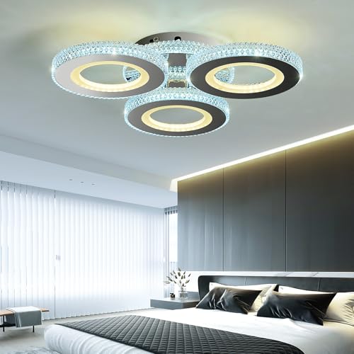 Image of Modern 33W Ceiling Light 3-Rings LED Ceiling Light Fixture with Remote Control Chrome Acrylic Dimmable Flush Mount Stainless Steel Chandelier for Livingroom Dining Room Kitchen Bedroom.