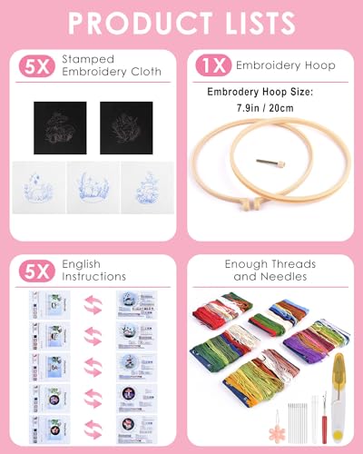 Image of Embroidery Kit for Adult, 5 Sets Mushroom Embroidery Kit for Beginners | Include Embroidery Cloth Hoops Threads for Craft Lover Hand Stitch with Embroidery Skill Techniques