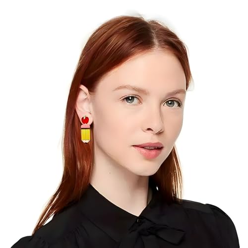 Dtexhif Brincos pendentes para professores e estudantes, brincos de régua de lápis de maçã fofos de