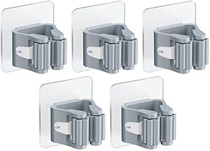 V&J Pack of 5 Adhesive Wall Mount for Brooms and Mops, Adjustable Organizer for Hanging Brooms and Mops, No Drilling Hooks for Garage, Kitchen, Bathrooms and Storage Rooms (Grey)
