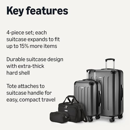 Image of Amazon Basics 4-Piece Luggage Set, Hardside Suitcases with Spinner Wheels, 22 inch Carry On & 28 inch Checked, Tote Bag & Travel Bag, Black